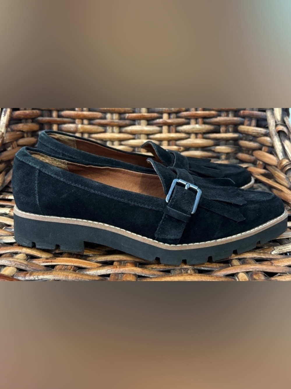 Franco Sarto Black Suede Loafers Buckle and Lug Sole size 8.5 Great condition